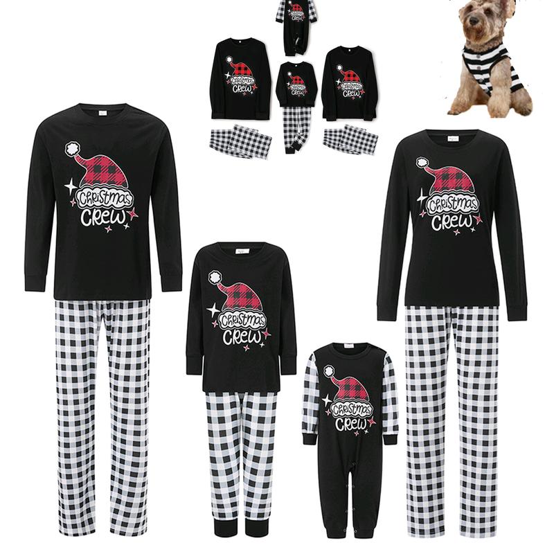 Matching Christmas Pajamas For Family Long Sleeve Santa Hat Print Tops + Stripes Pants Set Holiday Sleepwear