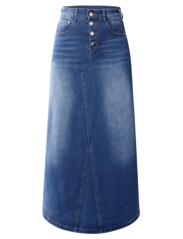 Womens Long Denim Skirt Casual A-Line Stretch Jean Skirt for Women High Waisted Vintage Denim Maxi Skirt with Pockets Blue long jean skirts for women