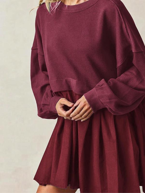 Women's Solid Color Pleated Drop Shoulder Sweatshirt Dress, Casual Long Sleeve Round Neck Short Dress for Fall & Winter, Women's Clothing for Daily Wear