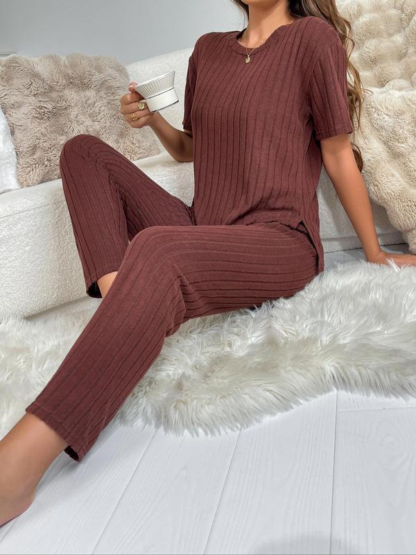 Women's Solid Ribbed Drop Shoulder Tee & Pants Pyjama Two-piece Set, Casual Comfy Split Loungewear Hem Short Sleeve Top & Trousers Pj Set, Homewear Ladies Sleepwear for All Seasons