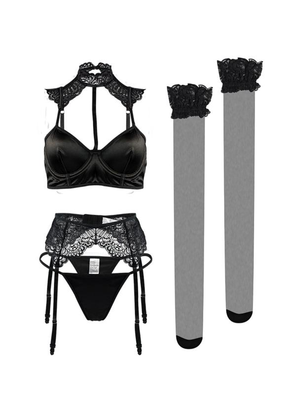 Women's 4pcs Plain Lace Cut Out Mock Neck Lingerie Top & Plain Thong & Ruffle Trim Sheer Stockings & Garter Belt Set, Comfort Sexy Lingeries Set For Lady Bridal All Seasons, Womenswear Underwear Set