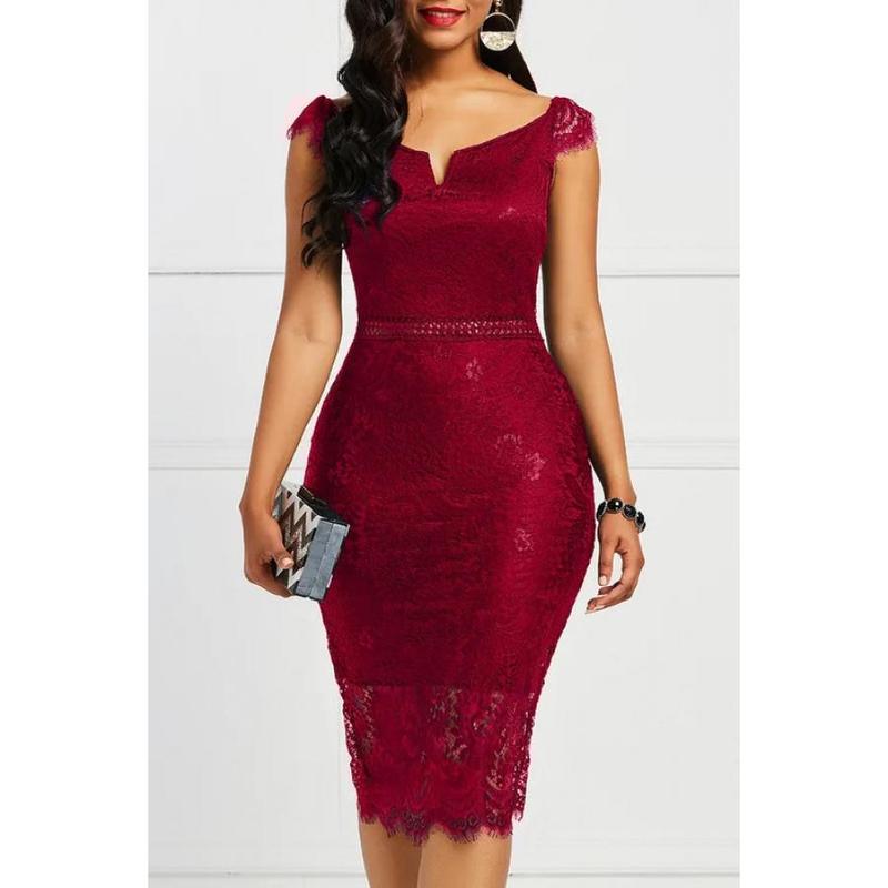 European and American evening dress short-sleeved V-neck off-the-shoulder sexy mid-length bag hip lace dress