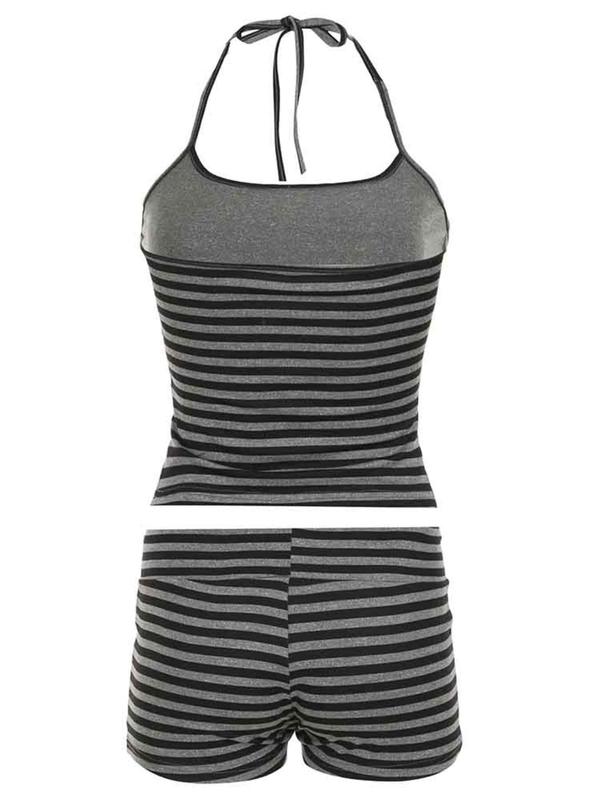 Women's Striped Print Halter Neck Tie Back Top & Shorts Two-piece Set, Casual Fashion Cozy Breathable Two Piece Outfits for Daily Wear, Ladies Clothes for All Seasons