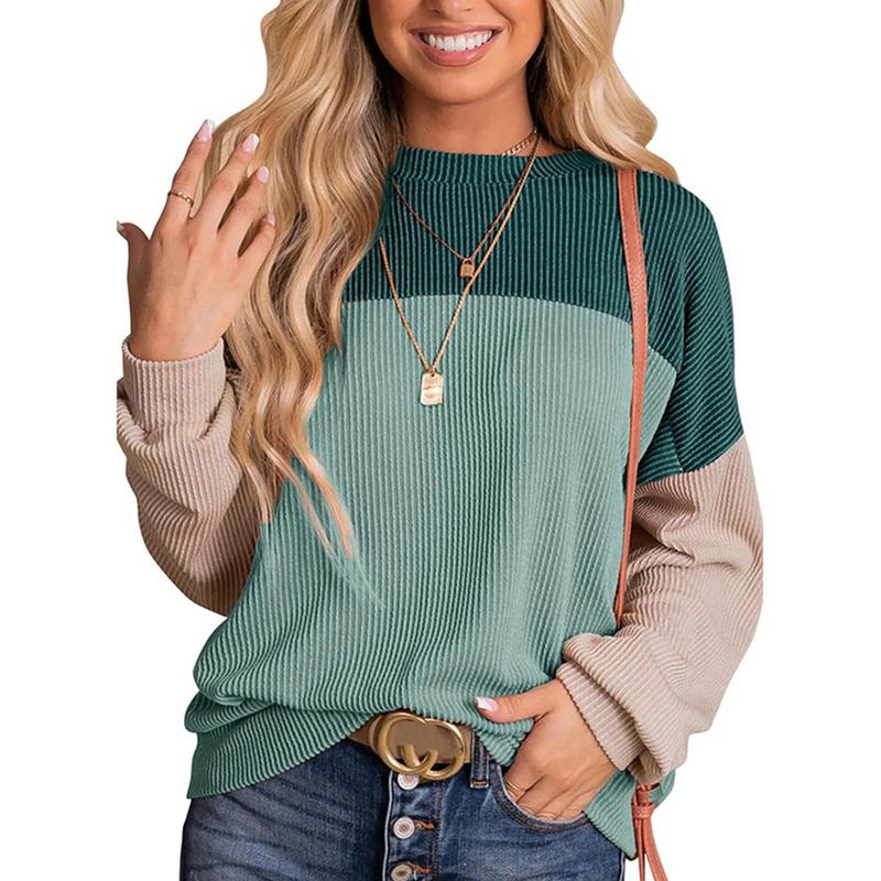 Womens Fashion Color Block Long Sleeve Crewneck Knitted Casual Loose Pullover Tops Spring Womenswear Everyday