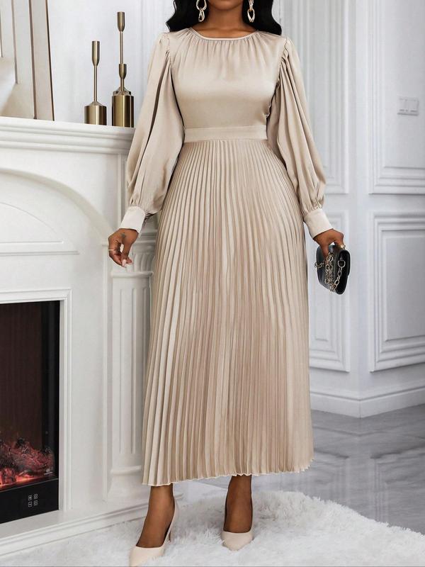 Women's Plain Ruched Pleated A Line Dress, Elegant Bishop Sleeve Round Neck Long Dress for Party Holiday Wedding Guest, Ladies Spring & Fall Clothes