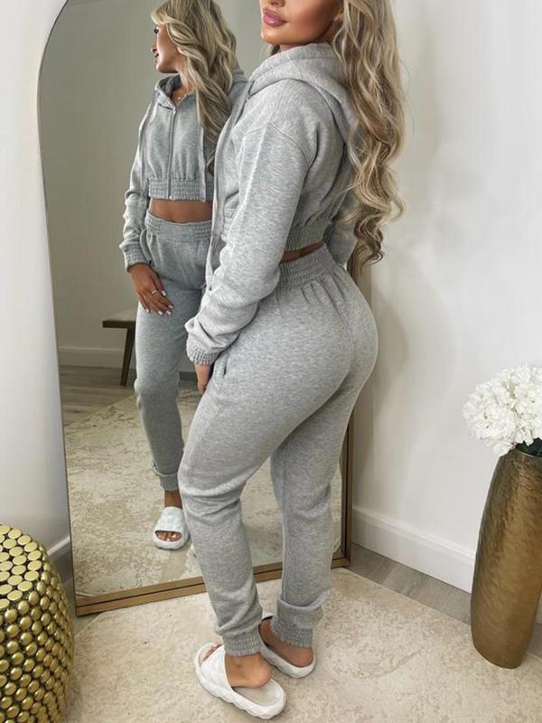 Women's Solid Zip Up Drawstring Hoodie & Elastic Waist Pants Two-piece Set, Summer Outfits 2024 Sets, Casual Long Sleeve Hooded Top & Pocket Trousers for Spring & Fall, Women's Clothes for Daily Wear  Sweatsuit Set Outfit