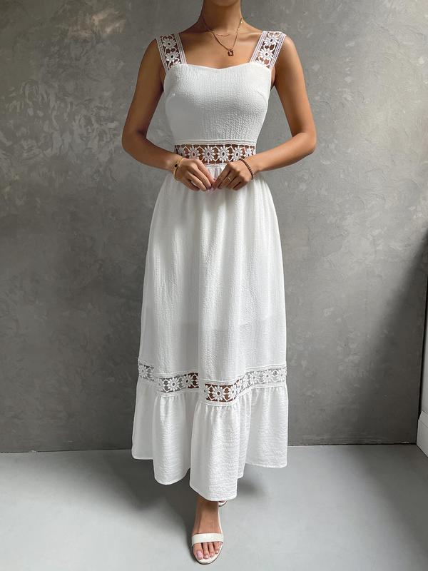 YOZY Lace Hollow Out Dress  Elegant Plain Sweetheart Neck Ruffle Hem A Line Long Dress, 2024 Women's Beach Holiday Evening Wear for Spring & Summer