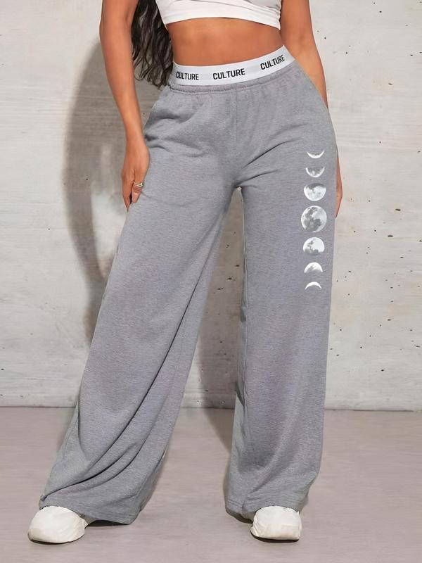 Women's Moon & Letter Print Pocket Wide Leg Sweatpants, Casual Elastic Waist Trousers for Daily Wear, Ladies Bottoms for All Seasons