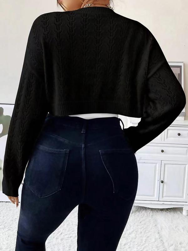  Hollow Out Drop Shoulder Crop Sweater, Sweaters for Women, Casual Long Sleeve Crew Neck High Low Jumper for Spring & Fall, Women's Clothing for Daily Wear