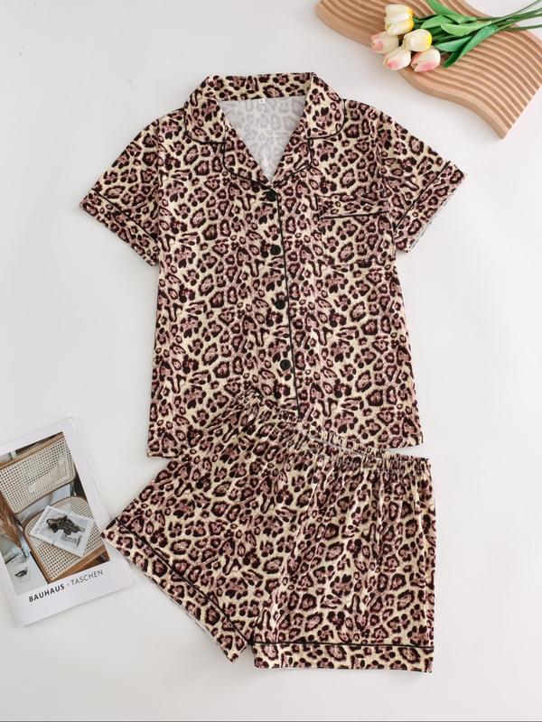 Two-Piece Set Women's Leopard Print Lapel Neck Button Front Pajama, Casual Comfy Short Sleeve Top & Shorts PJ Set, Ladies Sleepwear for All Seasons