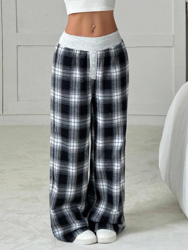 Women's Plaid Print Button Pants, Casual Comfy Trousers for Spring & Fall, Women's Bottoms for Daily Wear