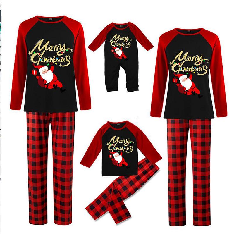 Christmas Family Pajamas Matching Set, Long Sleeve Letters Santa Claus Print T-shirt with Plaid Pants Sleepwear Loungewear Crewneck Womenswear