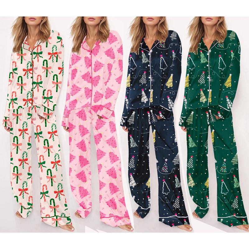 Women Christmas Pajamas Set 2 Pieces Loungewear Suits Bow Santa Tree Print Long Sleeve Shirts Tops and Pants Sleepwear Outfits Womenswear Check Light Pjs Trouser Pyjamas