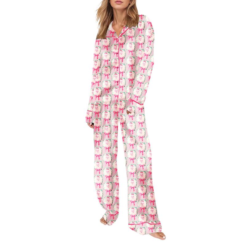 Women Christmas Pajamas Set 2 Pieces Loungewear Suits Bow Santa Tree Print Long Sleeve Shirts Tops and Pants Sleepwear Outfits Womenswear Check Light Pjs Trouser Pyjamas