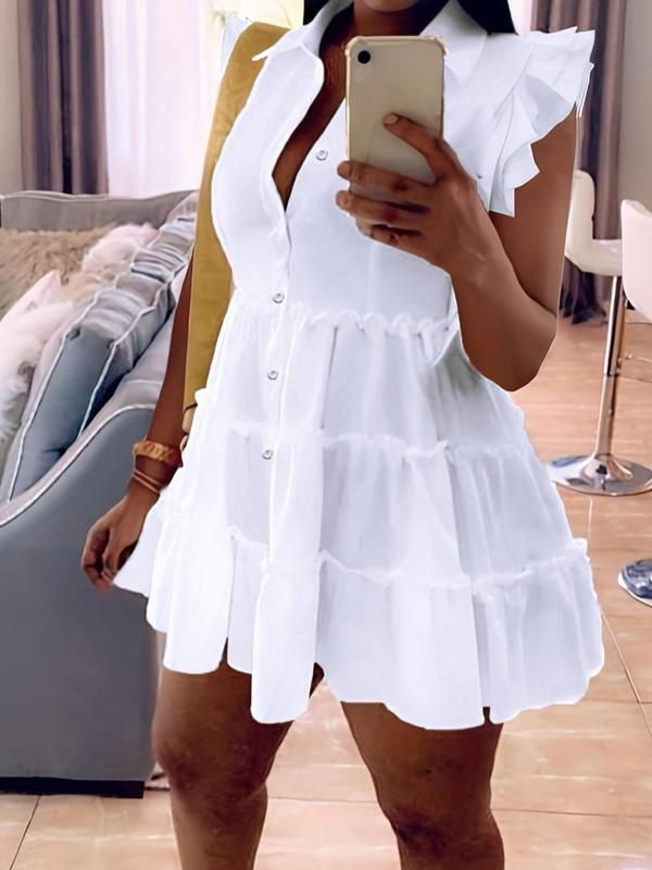 Women's Layered Sleeve Frill Trim Shirt Dress, Summer Dresses, Boho Button Front Collared Smock Dress for Summer, Back To School Clothes, Women's Clothing for Daily Wear, Birthday Dress for Women