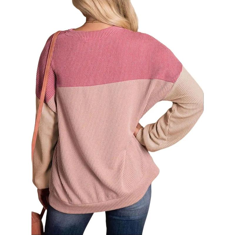 Womens Fashion Color Block Long Sleeve Crewneck Knitted Casual Loose Pullover Tops Spring Womenswear Everyday