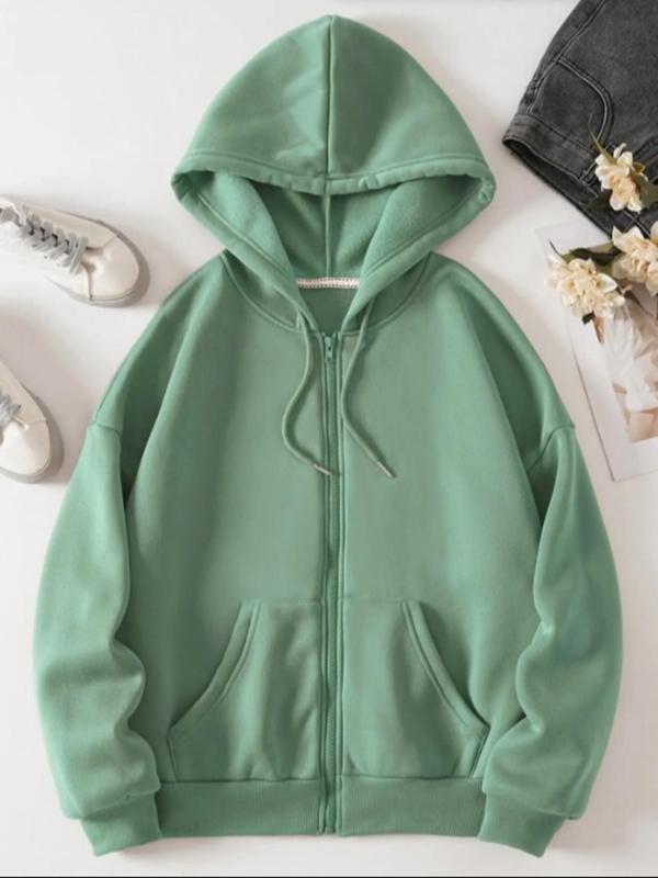 Women's Solid Zip Up Hoodie, Casual Comfort Drawstring Hooded Sweatshirt, Outerwear for Fall & Winter, Country Outfits, Women's Jacket, Downtown Girl Clothes, Fall Outfits