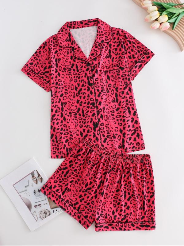 Two-Piece Set Women's Leopard Print Lapel Neck Button Front Pajama, Casual Comfy Short Sleeve Top & Shorts PJ Set, Ladies Sleepwear for All Seasons