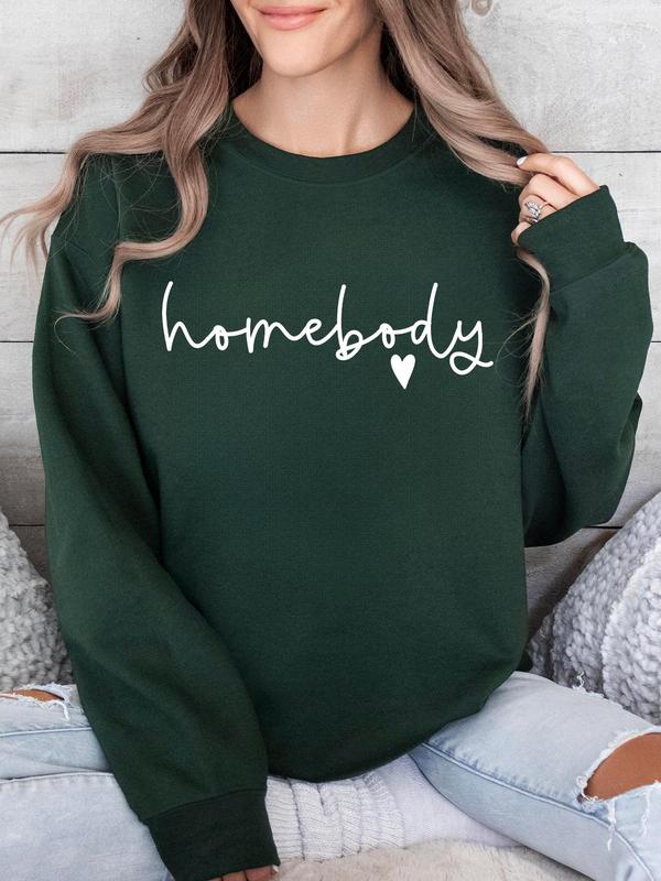 Women's Letter & Heart Print Drop Shoulder Sweatshirt, Casual Long Sleeve Round Neck Pullover for Daily Wear, Ladies Clothes for All Seasons