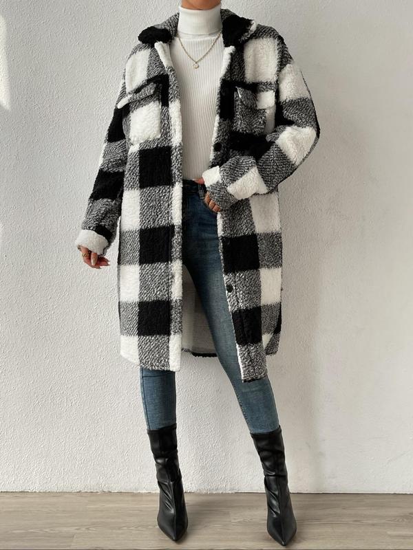 Women's Plaid Print Button Front Pocket  Fuzzy Long Coat, Casual Long Sleeve Collared Outerwear for Fall & Winter, Ladies Clothes for Daily Wear