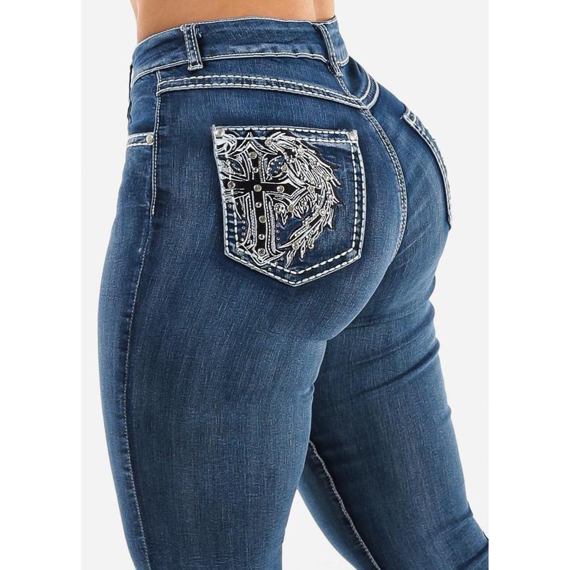 High Waist Bootcut Jeans w Back Cross Pocket Design