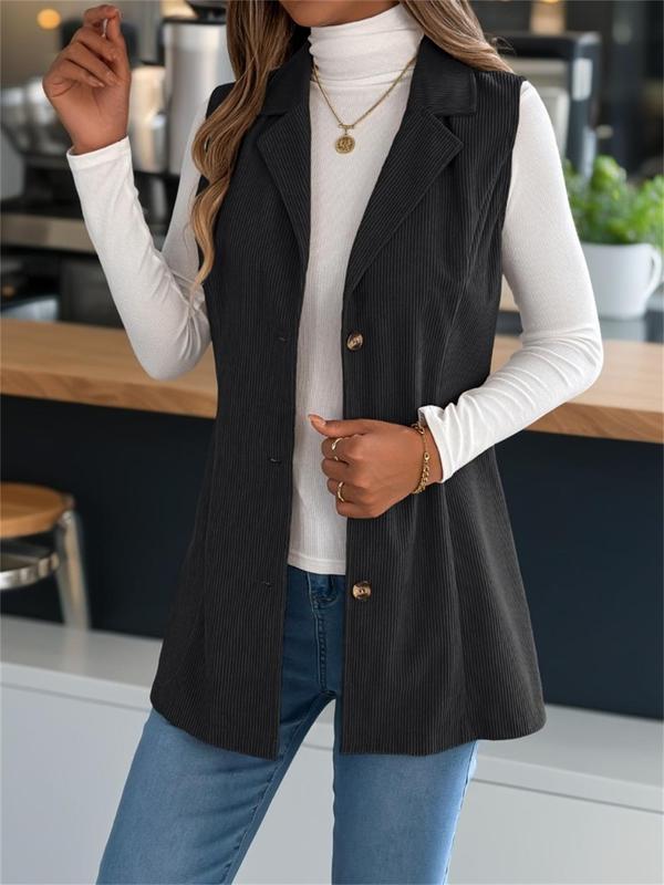 Women's Solid Button Front Lapel Vest Coat, Casual Sleeveless Outerwear for Fall & Winter, Ladies Clothes for Daily Wear