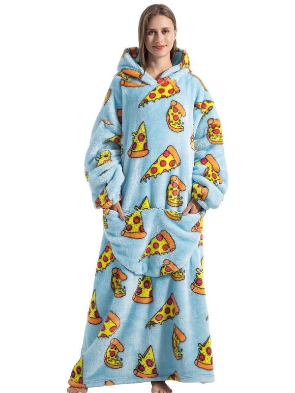 Women's Animal fruit pizza pumpkin Print Drop Shoulder Blanket Hoodie, Casual Long Sleeve Pocket Hooded Blanket Robe,  Robe for Women, Ladies Fall & Winter Sleepwear