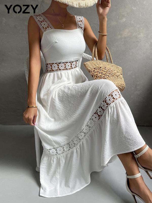 YOZY Lace Hollow Out Dress  Elegant Plain Sweetheart Neck Ruffle Hem A Line Long Dress, 2024 Women's Beach Holiday Evening Wear for Spring & Summer