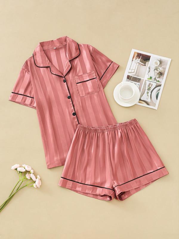 2 Piece Set Women's Striped Jacquard Contrast Binding Satin Pyjama Set, Casual Lapel Shirt & Elastic Waist Shorts PJ Set, Ladies Summer Clothes, Pajama Sets Women, Women's Sleepwear & Homewear, PJ Sets for Women