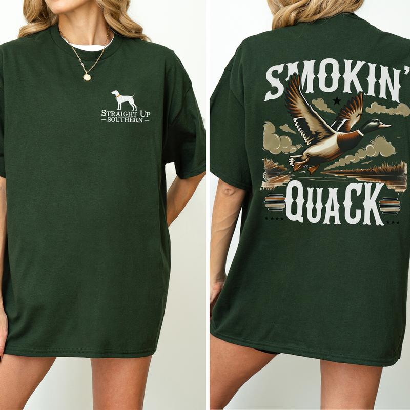 Vintage Smokin' Quack Hunting Duck 2-Sided Graphic Shirt, Mallard Hunting Shirt for Men, Dog Hunt Tee, Comfort Clothing, Cotton Fabric Tshirt, Printed Women's Top, Casual Womenswear