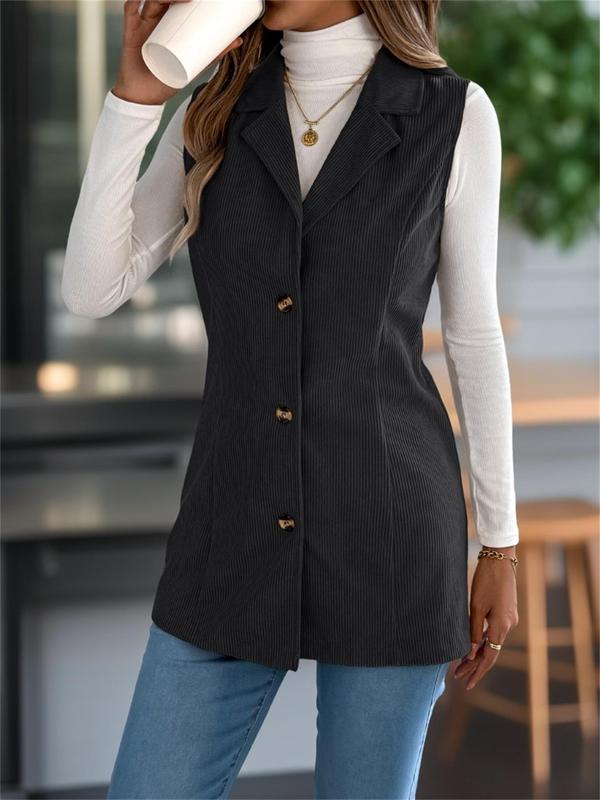 Women's Solid Button Front Lapel Vest Coat, Casual Sleeveless Outerwear for Fall & Winter, Ladies Clothes for Daily Wear