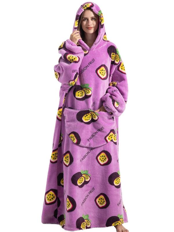 Women's Animal fruit pizza pumpkin Print Drop Shoulder Blanket Hoodie, Casual Long Sleeve Pocket Hooded Blanket Robe,  Robe for Women, Ladies Fall & Winter Sleepwear