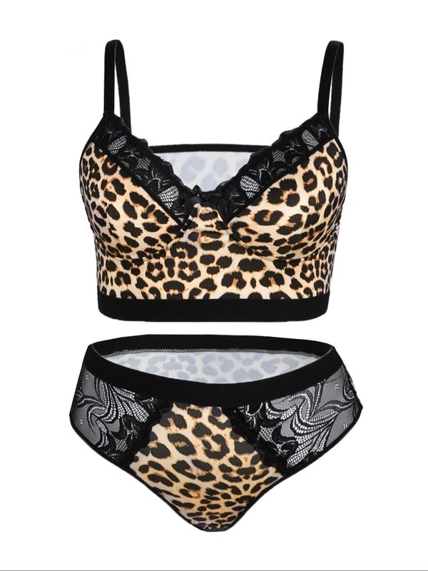 Plus Size Two-piece Set Leopard Print Contrast Lace Push Up Bra & High Rise Sheer Panty Set, Adjustable Spaghetti Strap Lingerie Top & High Waist Knicker, Women's Two-Piece Underwear Set For All Seasons