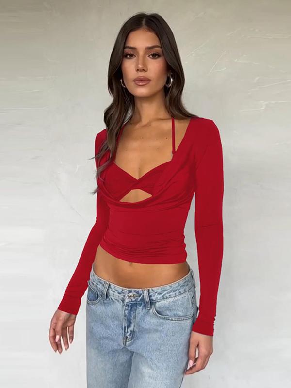 Women's Plain Twist Ruched Cut Out 2 IN 1 Halter Tee, T Shirts for Women, Elegant Long Sleeve Tie Back T-shirt for Spring & Fall, Women's Clothing for Daily Wear