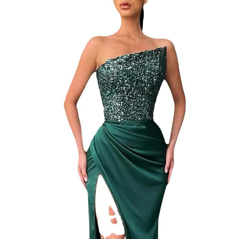 2024 New Green Sequins Fairy Long Sleeveless Fashion Temperament Mid-Length Evening Dresses Formal Womenswear hollister  dress Sleeveless Side