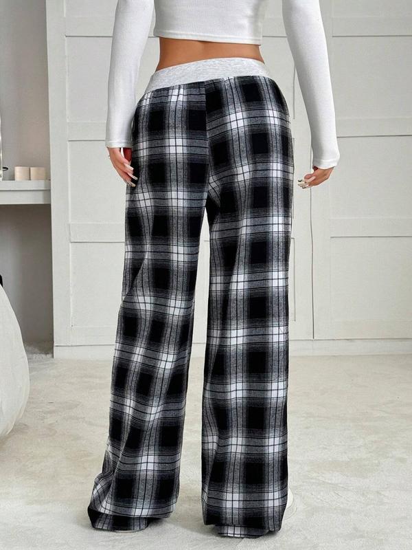 Women's Plaid Print Button Pants, Casual Comfy Trousers for Spring & Fall, Women's Bottoms for Daily Wear