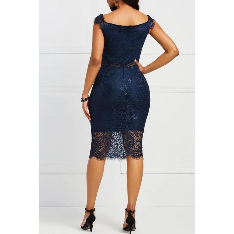 European and American evening dress short-sleeved V-neck off-the-shoulder sexy mid-length bag hip lace dress