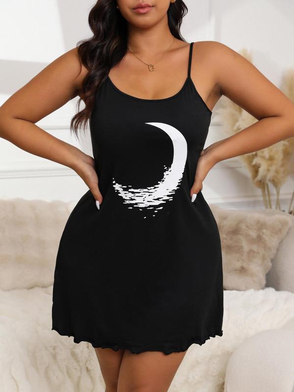  Moon Print Lettuce Trim Cami Nightdress, Casual Soft Comfortable Spaghetti Strap Nightgown for Women, Women's Sleepwear for All Seasons