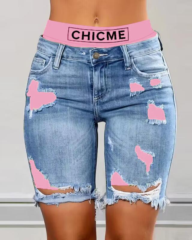 ChicMe Women's 2-In-1 Denim Shorts Colorblock Print Ripped Shorts  w Workout Running Shorts Fashion Fit