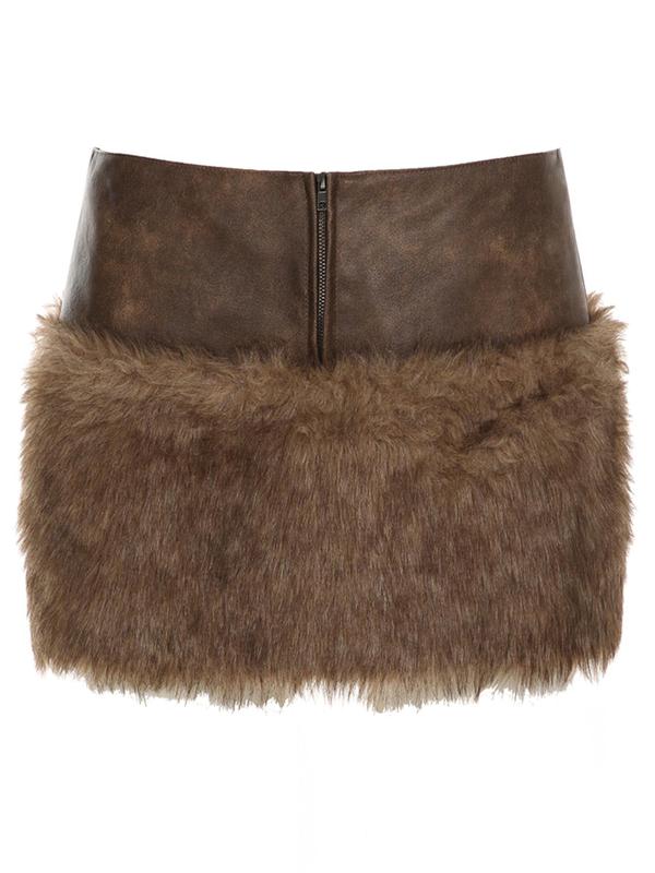 Women's Contrast Faux Fur Zipper Mini Skirt, Fashionable PU Leather Skirt for Party Club Dating, Ladies Bottoms for All Seasons