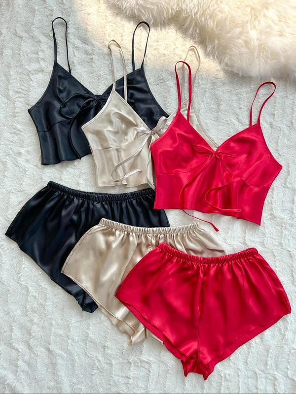 Women's Solid Colo Bow Decor Crop Cami Top & Elastic Waist Shorts Satin Pyjama Set, Casual Comfy Spaghetti Strap Camisole & Shorts PJ Set, Ladies Sleepwear for All Seasons