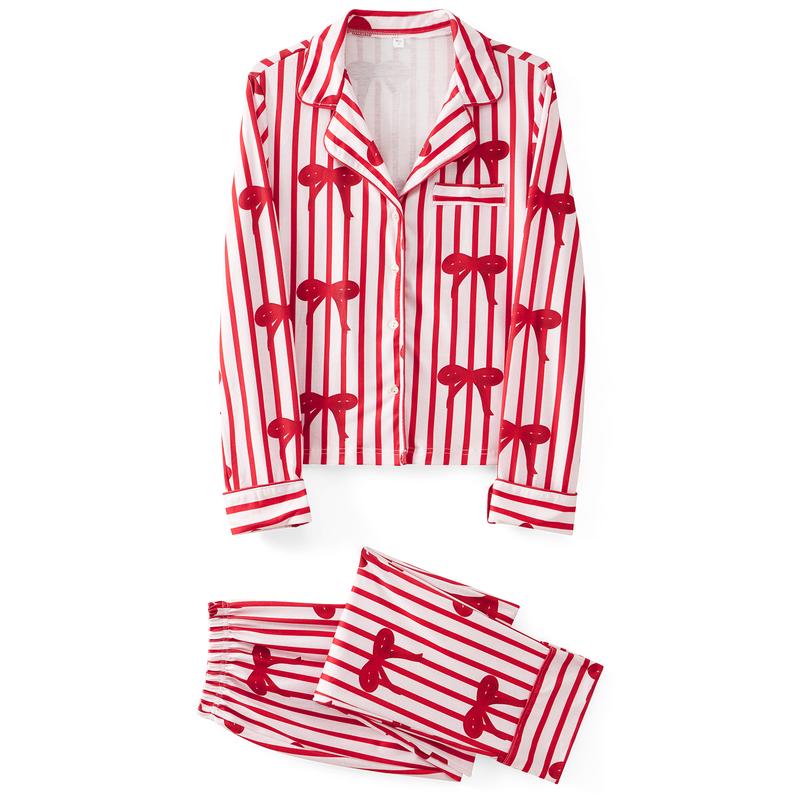 Christmas Family Pajamas Matching Set Lapel Neck Button-up Long Sleeve Tops Long Pants 2-Piece Bow Solid Color Loungewear Outfit