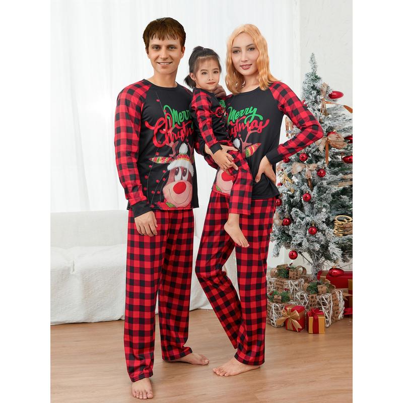 Family Christmas Pajamas Matching Set, Elk Print Raglan Sleeve Tops with Plaid Pants Sleepwear Set for Adult, Kid, Baby