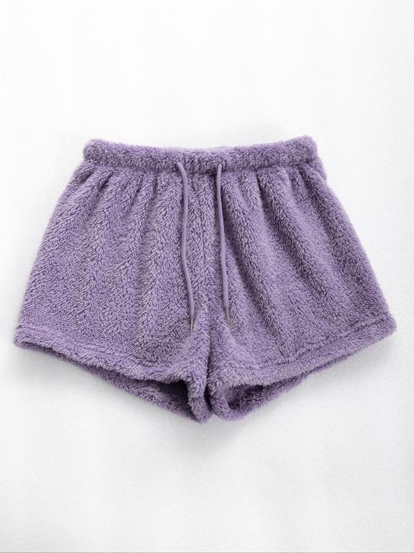 Women's Solid Drawstring Waist Plush Sleep Shorts, Casual Comfy Soft Shorts for Daily Wear, Ladies Sleepwear for Winter