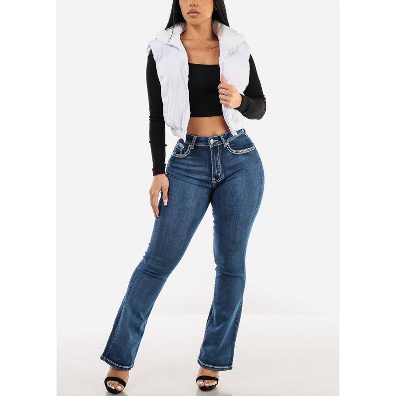 High Waist Bootcut Jeans w Back Cross Pocket Design