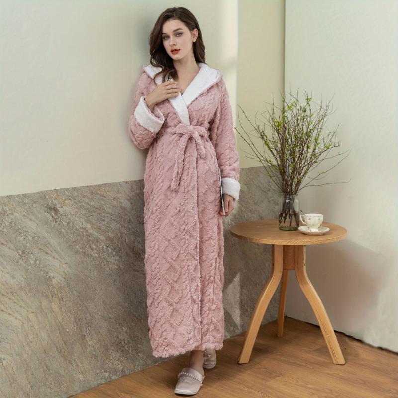 Ultra-Soft Flannel Bathrobe for Women & Men - Extra Long, Thick, and Warm with Hood | Cozy Jacquard Velvet Robe for Couples | Perfect for Autumn & Winter