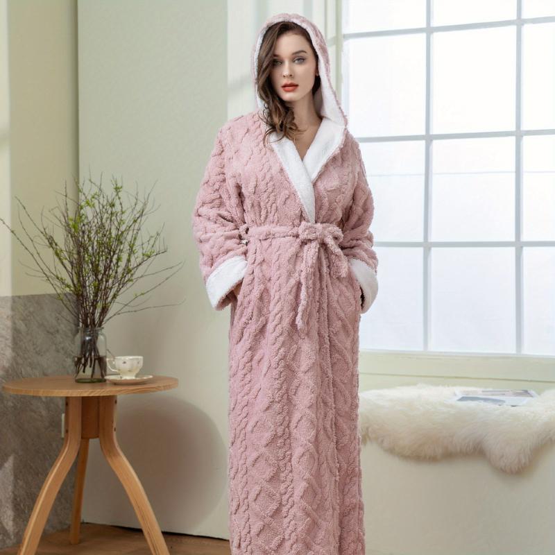 Ultra-Soft Flannel Bathrobe for Women & Men - Extra Long, Thick, and Warm with Hood | Cozy Jacquard Velvet Robe for Couples | Perfect for Autumn & Winter