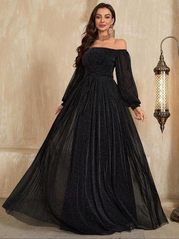 Women's Glitter Off The Shoulder Lace Up Maxi Dress, Elegant Bishop Sleeve A Line Dress for Party Evening Formal Occasions, Ladies' Clothes for All Seasons