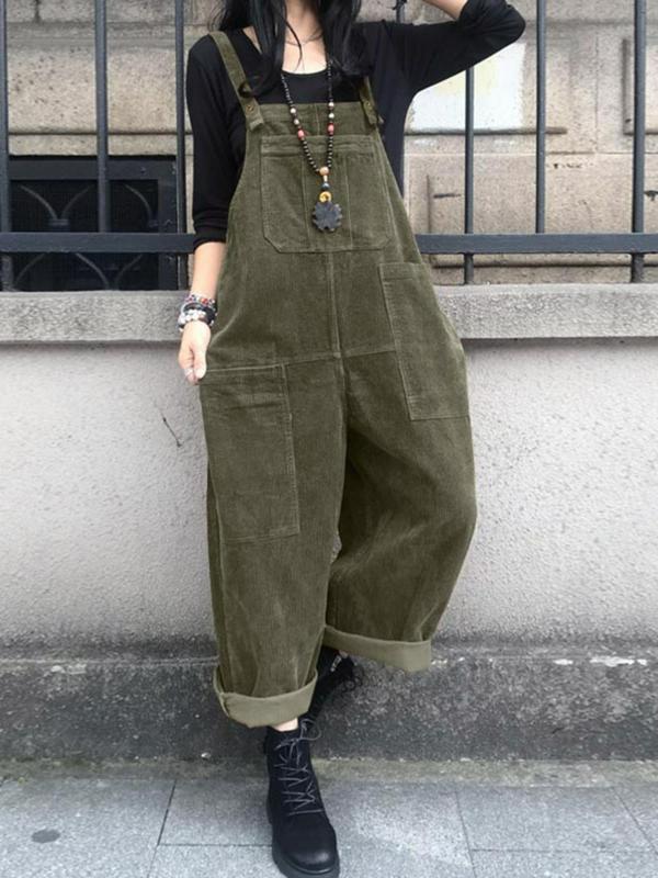 Women's Solid Button Pocket Corduroy Overalls Jumpsuit without Tee, Casual Sleeveless Jumpsuit for Fall & Winter, Women's Jumpsuit for Daily Wear, Jumpsuit for Women, Downtown Girl Clothes