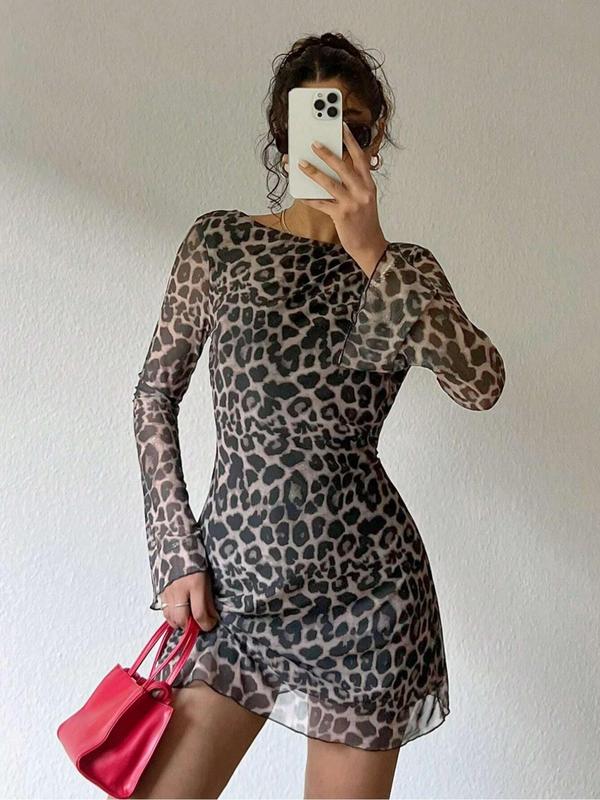 Women's Leopard Print Backless Mesh Dress, Dresses for Women, Fashion Casual Boat Neck Flounce Sleeve Short Dress for Daily Outdoor Wear, Women Dress for Spring Fall